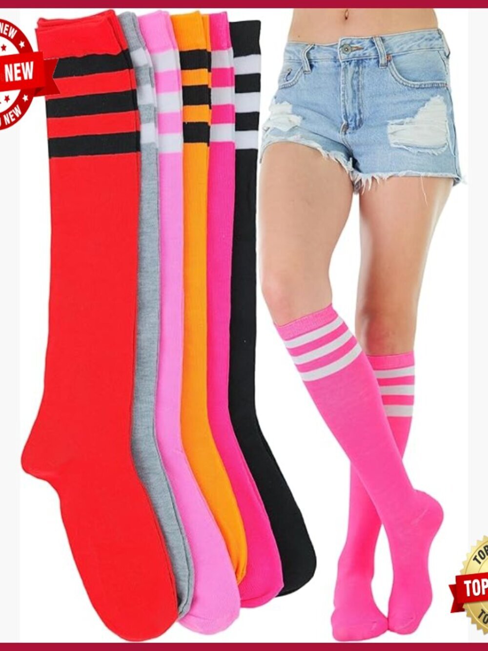 Pack of 6 Knee High Socks Striped Acrylic Blend Pull On